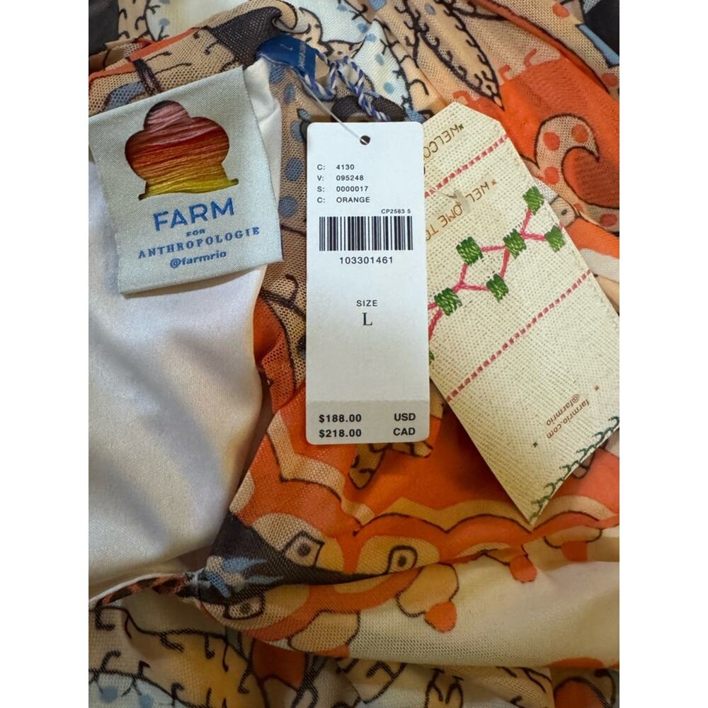 Farm Rio Long-Sleeve Mock-Neck Mesh Slim Midi Dress - Orange Bandana L - Picture 10 of 10